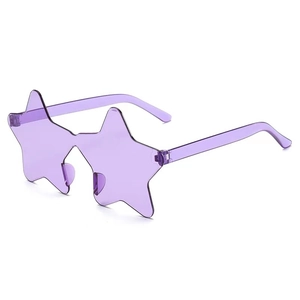 Detail of transparent purple star-shaped rimless sunglasses with dual star frame design