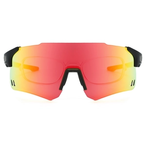 Detail of red-yellow gradient mirror lens and black semi-rimless frame on sports eyewear