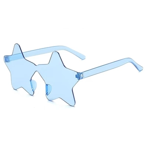 Close-up of rimless star-shaped party sunglasses in translucent blue plastic