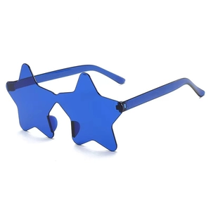 Detail shot of rimless star-shaped sunglasses in translucent blue with a sleek finish