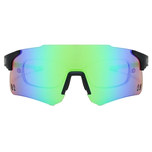 Sport cycling sunglasses with green-blue gradient lens and black matte vented frame