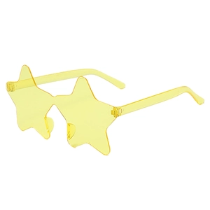 Detail of yellow star-shaped rimless sunglasses featuring translucent party lenses