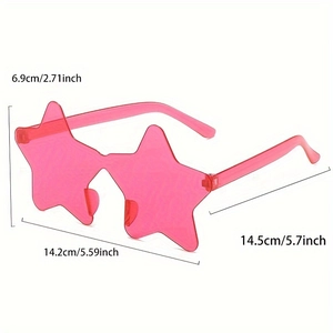 Detailed view of pink rimless star-shaped sunglasses with frame dimensions and size markers
