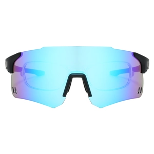 Detail of colorful mirrored lens on sports sunglasses with built-in ventilation holes