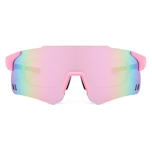 Close-up of pink cycling sunglasses with rainbow gradient lenses and ventilation holes