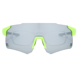 Close-up of neon green sports sunglasses with ventilation holes and grey lenses