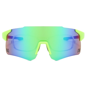 Detail of gradient blue-green lenses and fluorescent yellow frame with prescription insert