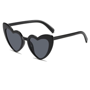 Close-up of stylish black heart-shaped sunglasses with dark lenses and durable plastic frame