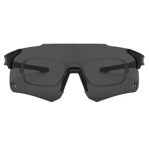 Detail of matte black cycling glasses with grey lens and removable prescription frame