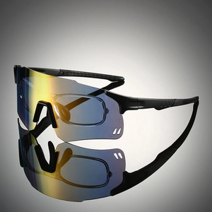 Detail showing oversized outdoor sports sunglasses with RX clip and colorful coated lenses