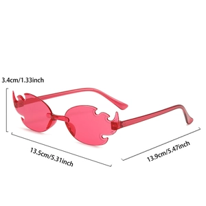 Detailed dimensions of rimless flame-shaped sunglasses with red lenses for parties