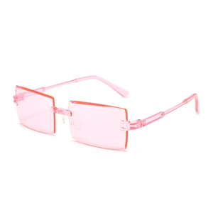 Detail of pink transparent rimless rectangular sunglasses with lightweight resin lenses