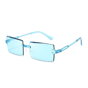 Detail view of stylish light blue rimless rectangular sunglasses with transparent temples
