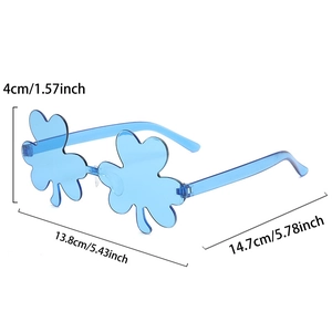 Detailed view of blue shamrock rimless sunglasses with specific size measurements shown