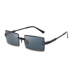 Top-down detail of rimless square sunglasses with grey lenses and black metal temples