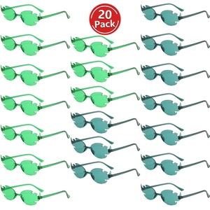 20 pack set of rimless flame shaped sunglasses in vibrant neon green and dark cyan colors