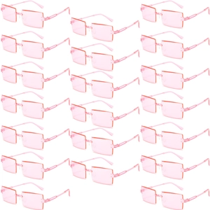 Bulk pack of 20 rimless rectangle sunglasses in transparent pink for party and Y2K style