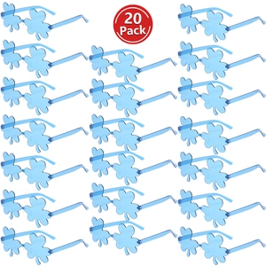 20 pack of blue clover-shaped party sunglasses with translucent plastic frames