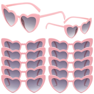Bulk set of 12 heart-shaped pink sunglasses with grey gradient lenses for parties