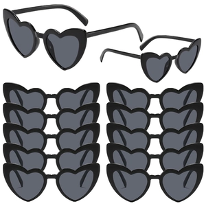 Set of 12 heart-shaped party sunglasses in black plastic frames with dark lenses