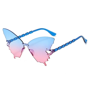 Détail de lunettes papillon sans monture avec verres dégradés bleu-rose et bords ondulés