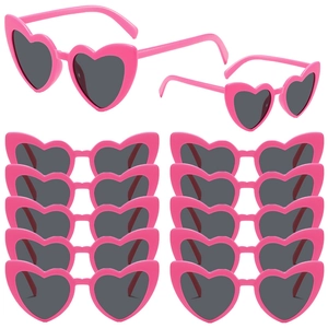 Set of 12 bright pink heart shaped sunglasses with dark lenses for parties and events
