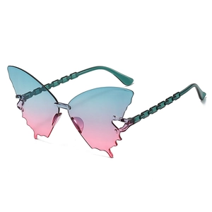Détail de lunettes de soleil papillon sans monture avec verres dégradés rose et bleu