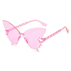 Détails de lunettes de soleil papillon roses sans monture avec branches à maillons Y2K