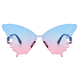 Détail de lunettes papillon sans monture avec verres dégradés bleu et rose