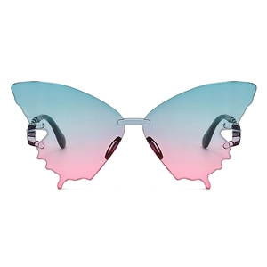 Détail de lunettes de soleil papillon avec verres sans monture dégradé bleu rose