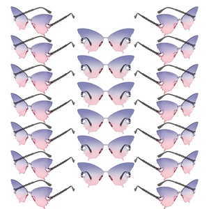 Set of 20 butterfly-shaped rimless sunglasses with purple gradient lenses and metal chain temples