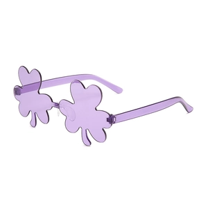 Purple clover shaped party sunglasses with transparent floral one-piece frame design