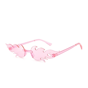 Detailed view of pink flame-shaped rimless sunglasses in Y2K retro style