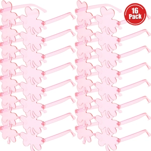 16 pack of pink clover shaped party sunglasses with transparent floral resin frames