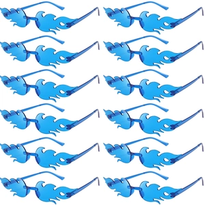Set of 12 bright blue rimless flame shaped sunglasses arranged in a 2x6 matrix layout