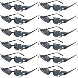 Set of 12 black flame-shaped rimless sunglasses for parties in a matrix display