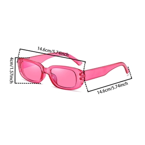 Detailed size chart of pink rectangular sunglasses showing frame width and lens dimensions