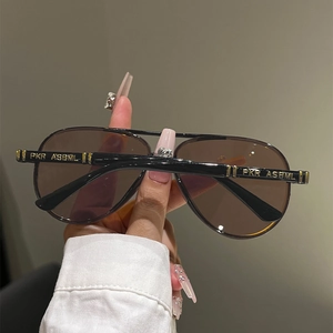 Detail of wide black temples with gold lettering on stylish aviator sunglasses