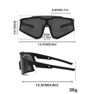 Detaillierte Größenmaße für Sport-Sonnenbrille mit großem schwarzen Rahmen