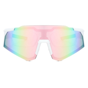 Detailansicht der weißen Sportsonnenbrille mit farbiger Regenbogen-Verspiegelung