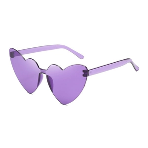 Detailed side view of purple heart-shaped rimless party sunglasses with slim temples