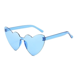 Detail view of blue heart-shaped rimless sunglasses made of translucent blue resin