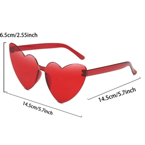 Detailed size chart for red heart-shaped sunglasses with frame dimensions in cm and inches