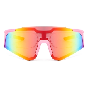 Rosa Sport-Radsonnenbrille mit großen Regenbogen-Verlaufsgläsern und Innenrahmen