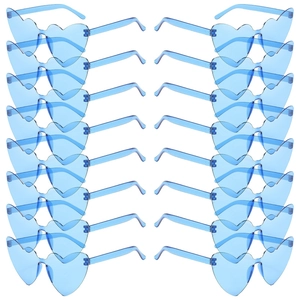 Bulk pack of 20 pairs of blue rimless heart-shaped sunglasses for festive party styling