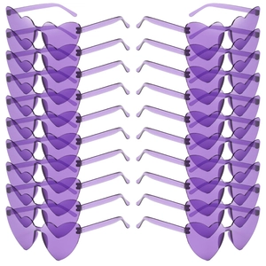 Set of 20 bulk heart shaped rimless sunglasses in transparent purple for party