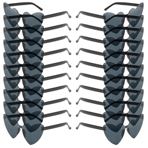 Bulk pack of 20 rimless heart-shaped party sunglasses with dark grey lenses in 2 columns