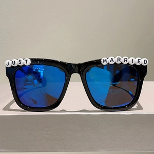 Just Married square sunglasses with black frame and blue mirrored lenses for wedding parties