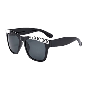 Square black sunglasses with Just Married pearl beads for wedding parties and celebrations