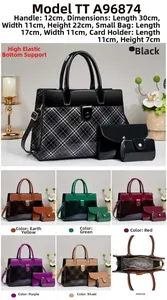 Detailed size chart for the glossy patent leather handbag set including three versatile pieces